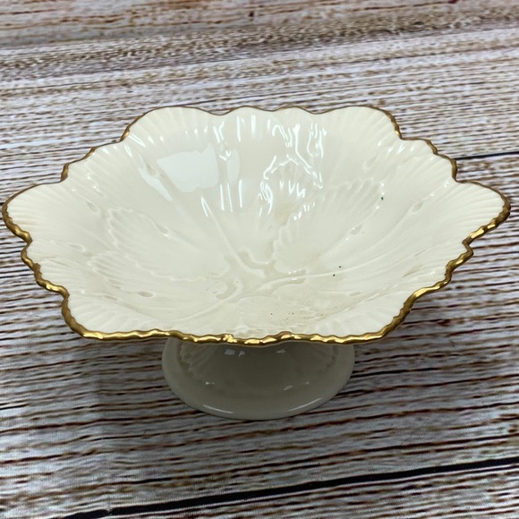 Lenox Pedestal Bowl Ivory Gold Trim Floral Scalloped Edge Candy Dish - Picture 1 of 8